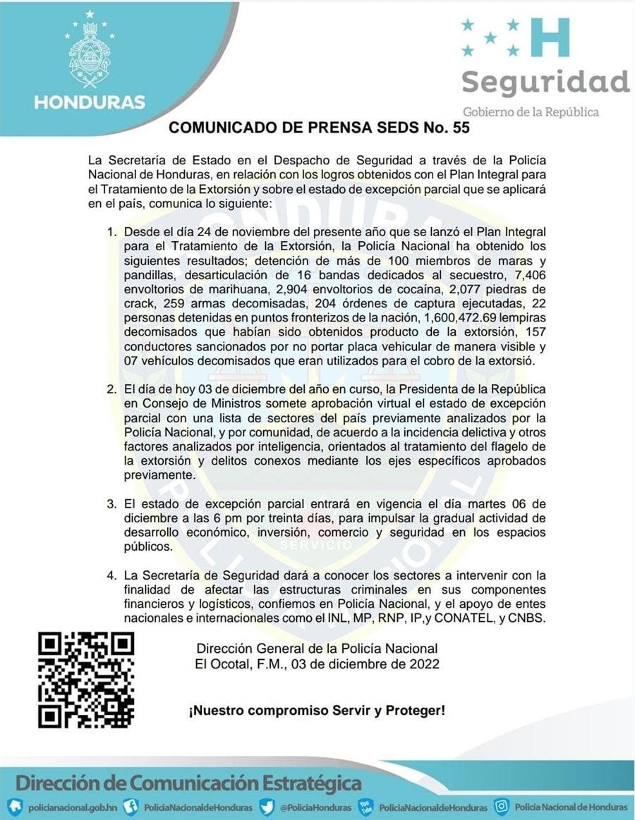 Honduras estados de excepción parcial Diciembre 2022